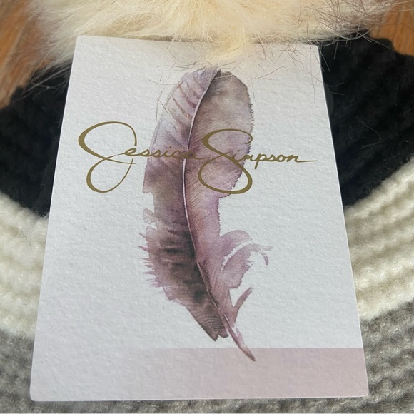 Jessica Simpson Women's Striped Faux Fur Pom Beanie Hat - Picture 6 of 9